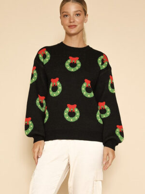 All over wreath holiday knit sweater