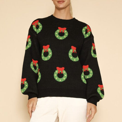 All over wreath holiday knit sweater